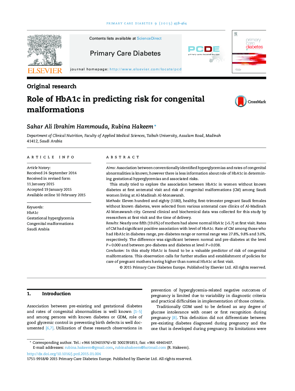 Role of HbA1c in predicting risk for congenital malformations