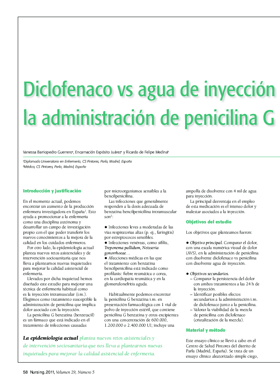 Diclofenaco vs agua de inyección como diluyente para la administración de penicilina G benzatina (benzetacil)