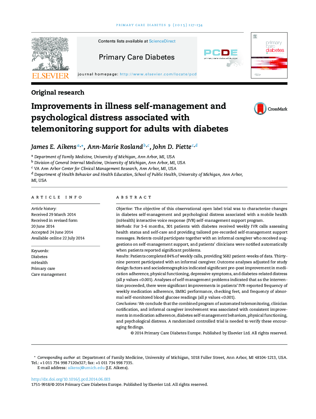 Improvements in illness self-management and psychological distress associated with telemonitoring support for adults with diabetes