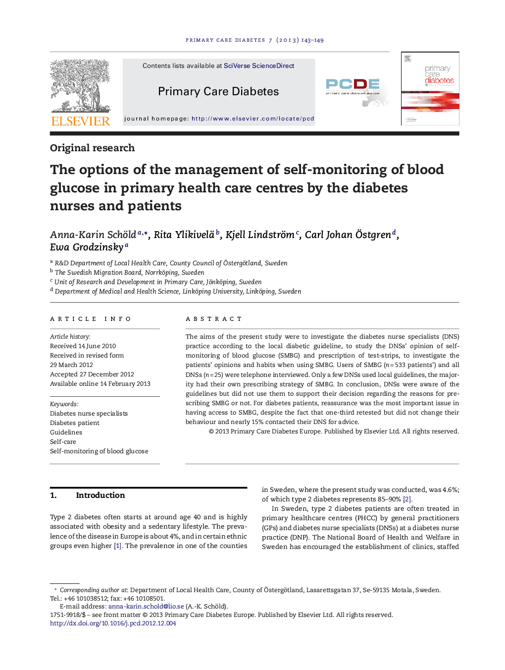 The options of the management of self-monitoring of blood glucose in primary health care centres by the diabetes nurses and patients