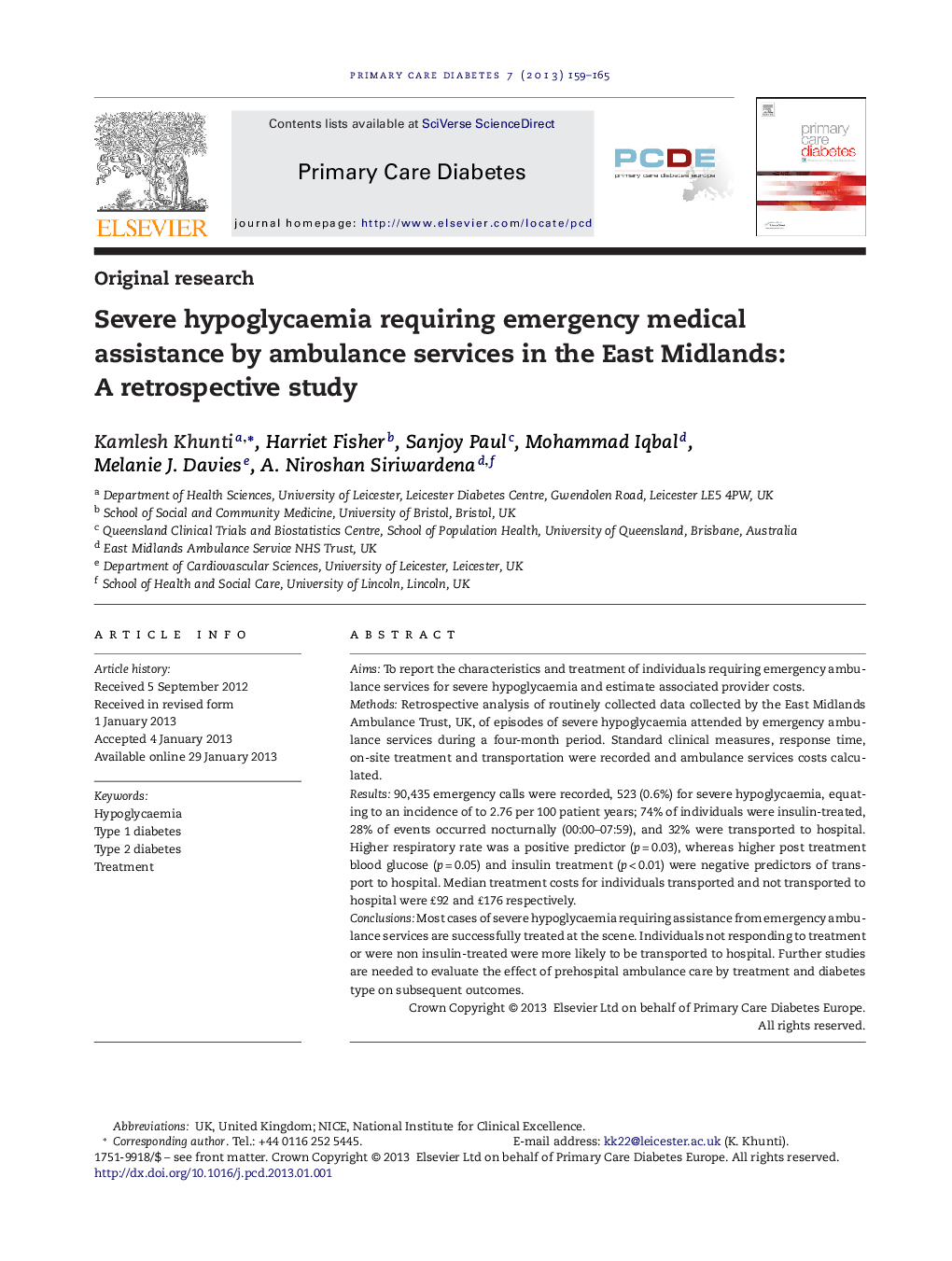 Severe hypoglycaemia requiring emergency medical assistance by ambulance services in the East Midlands: A retrospective study