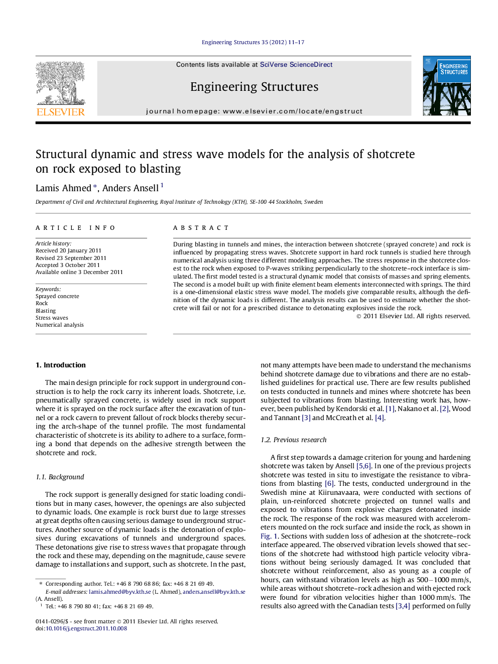 Structural dynamic and stress wave models for the analysis of shotcrete on rock exposed to blasting