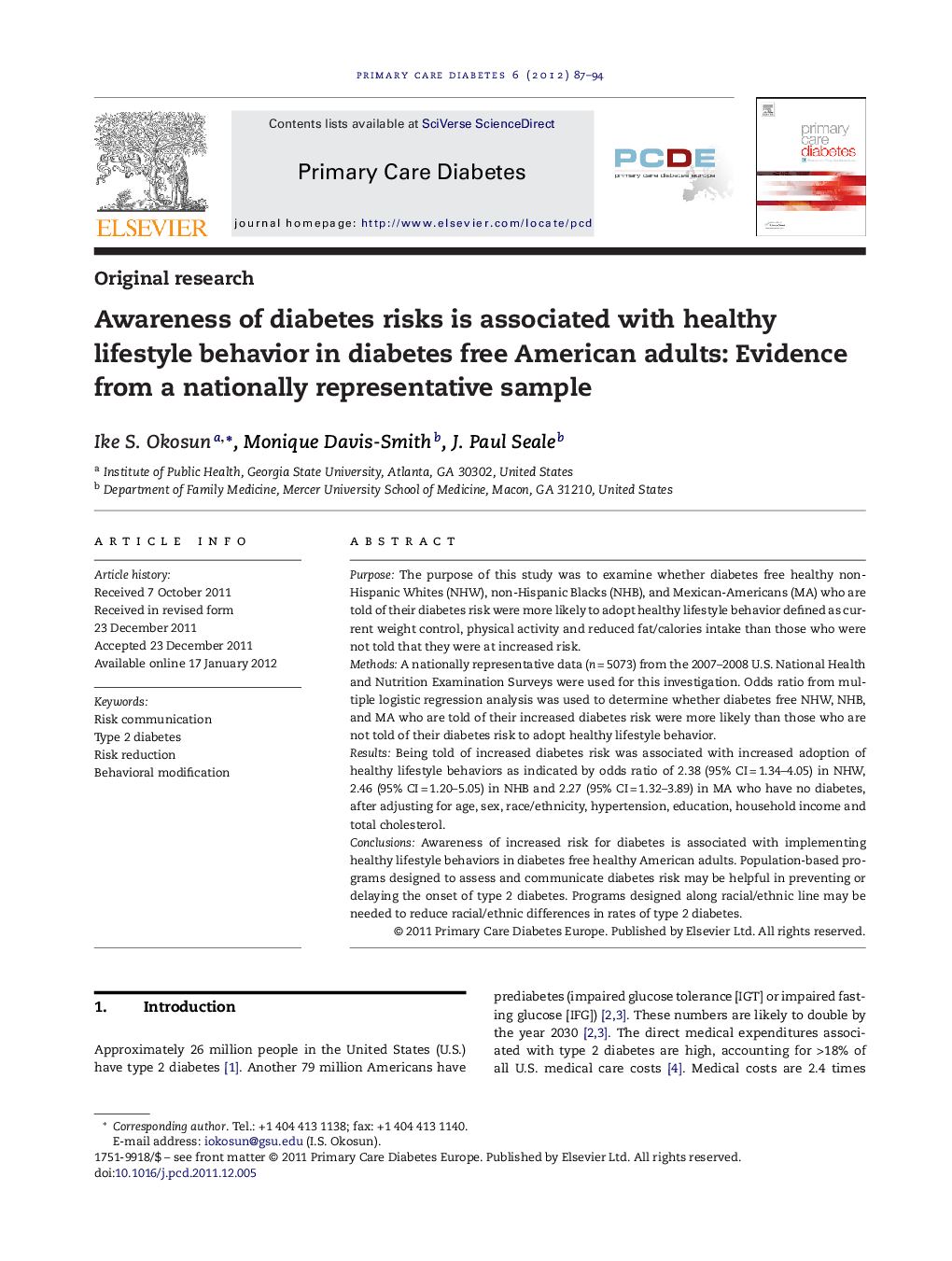 Awareness of diabetes risks is associated with healthy lifestyle behavior in diabetes free American adults: Evidence from a nationally representative sample