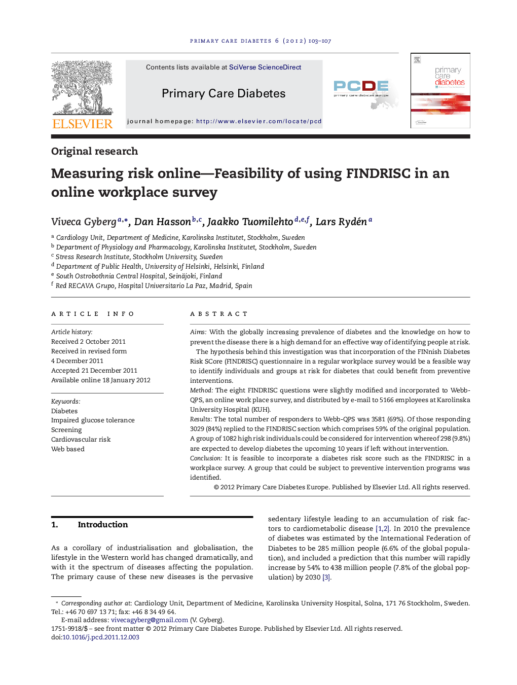 Measuring risk online—Feasibility of using FINDRISC in an online workplace survey