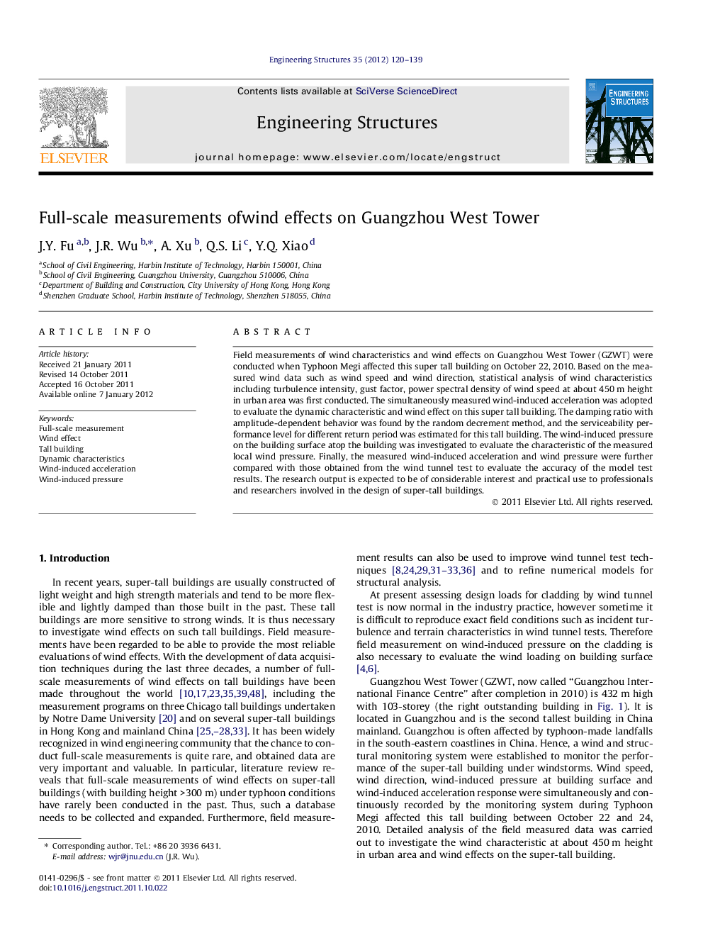 Full-scale measurements of wind effects on Guangzhou West Tower