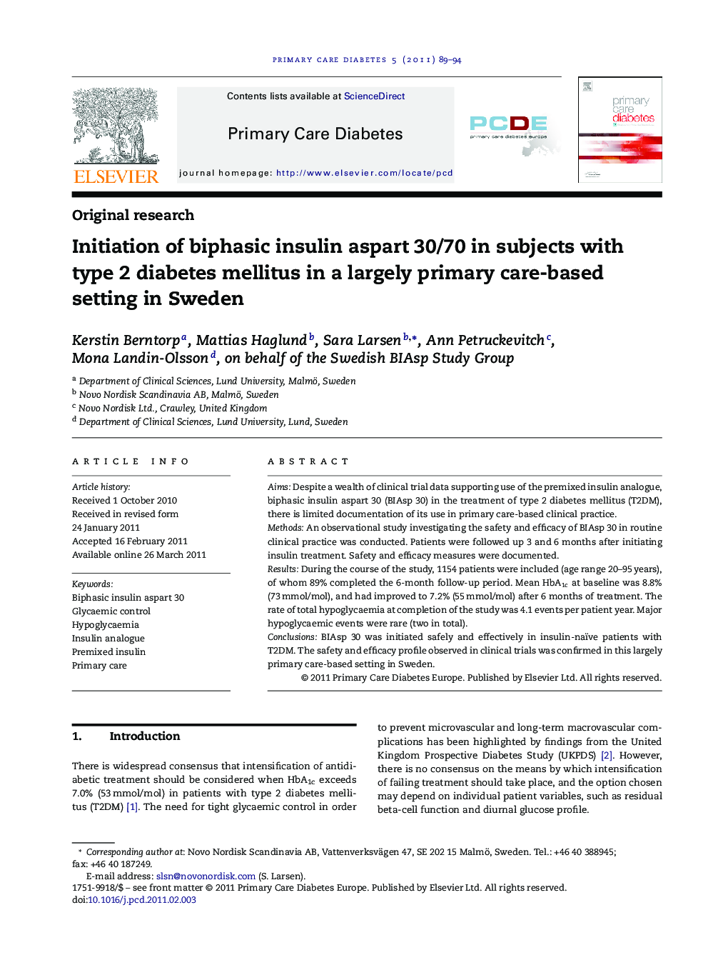 Initiation of biphasic insulin aspart 30/70 in subjects with type 2 diabetes mellitus in a largely primary care-based setting in Sweden