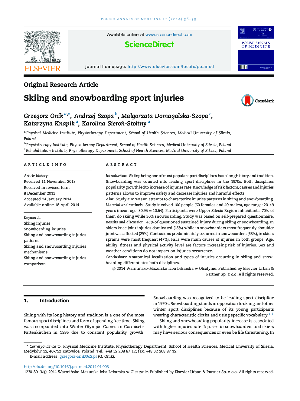 Skiing and snowboarding sport injuries