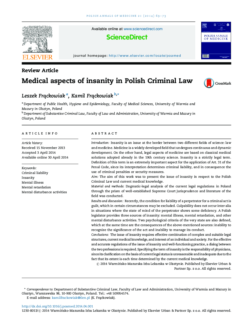 جنبه های پزشکی جنون در حقوق جزای لهستانی