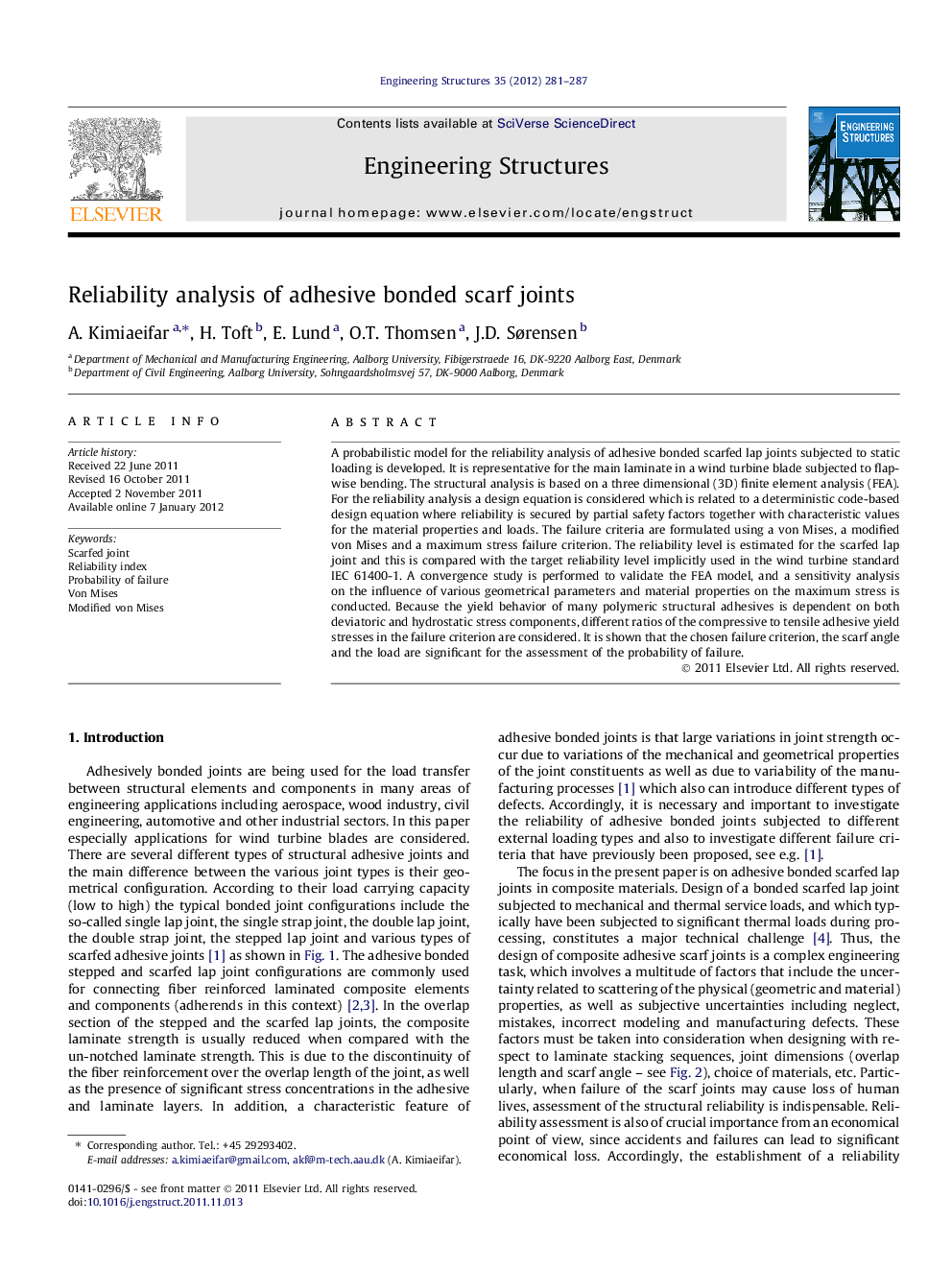 Reliability analysis of adhesive bonded scarf joints