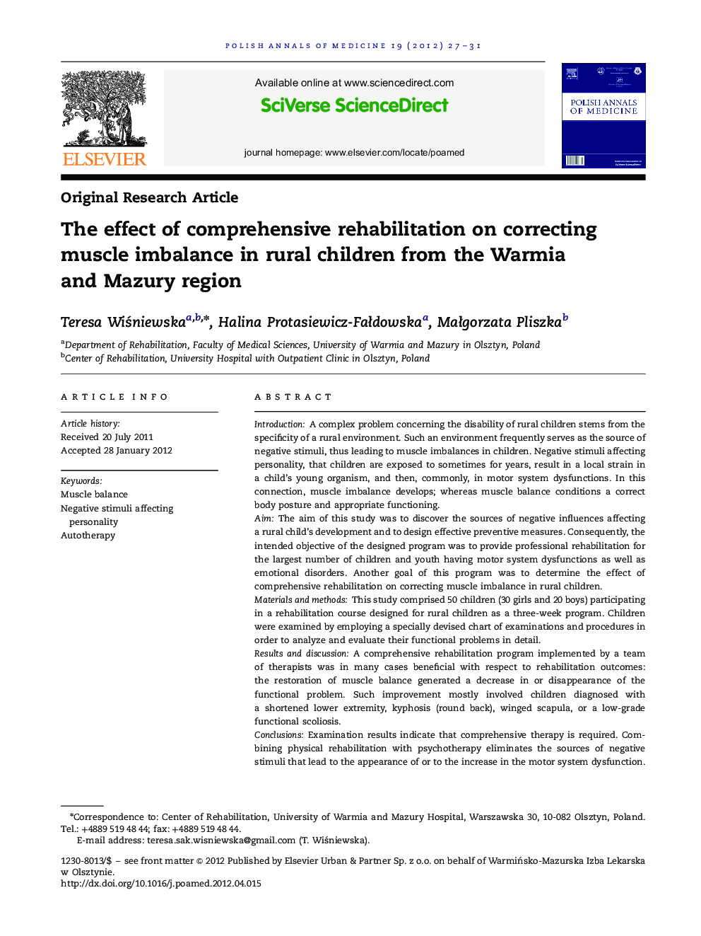 The effect of comprehensive rehabilitation on correcting muscle imbalance in rural children from the Warmia and Mazury region