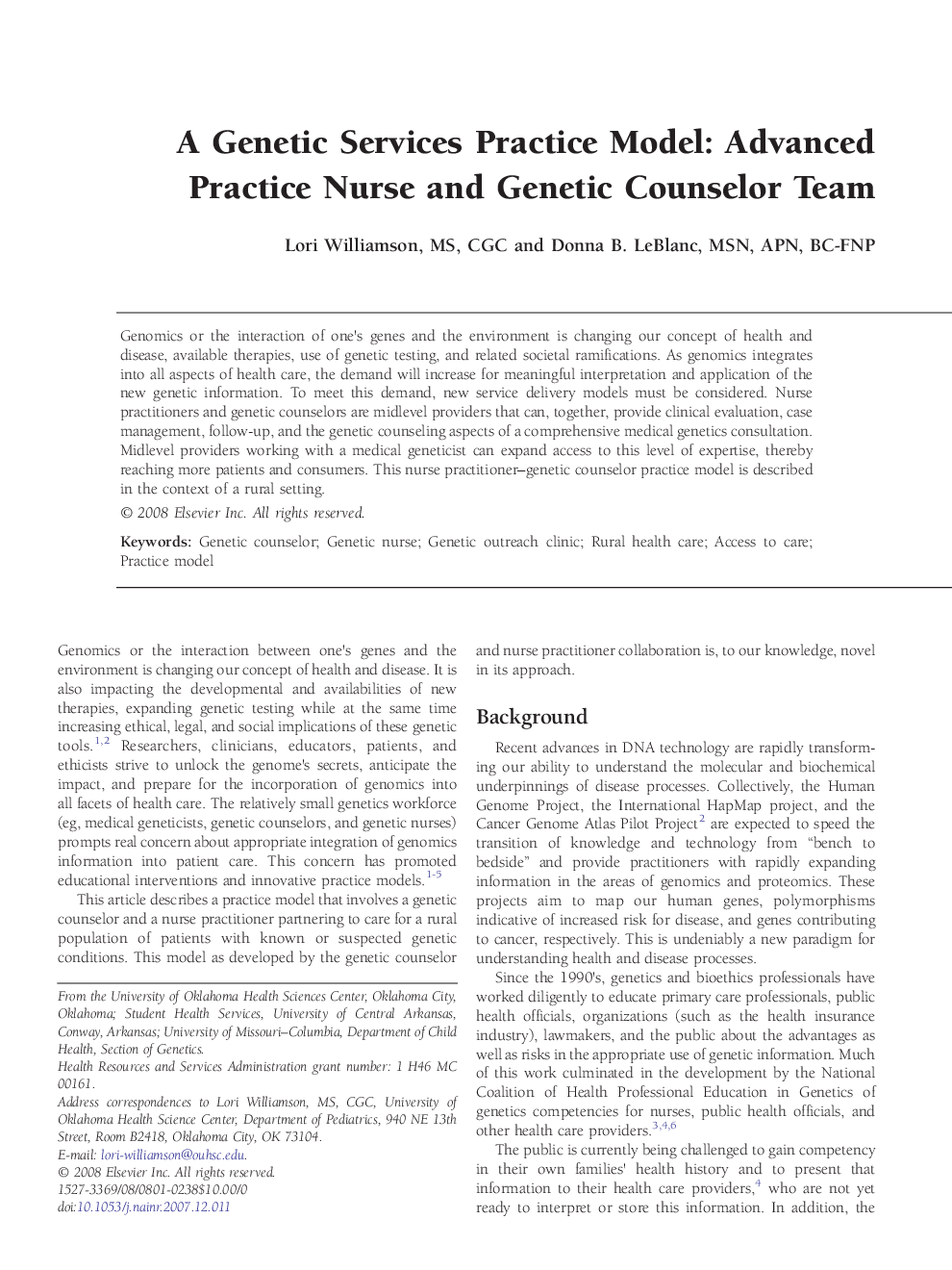 A Genetic Services Practice Model: Advanced Practice Nurse and Genetic Counselor Team 