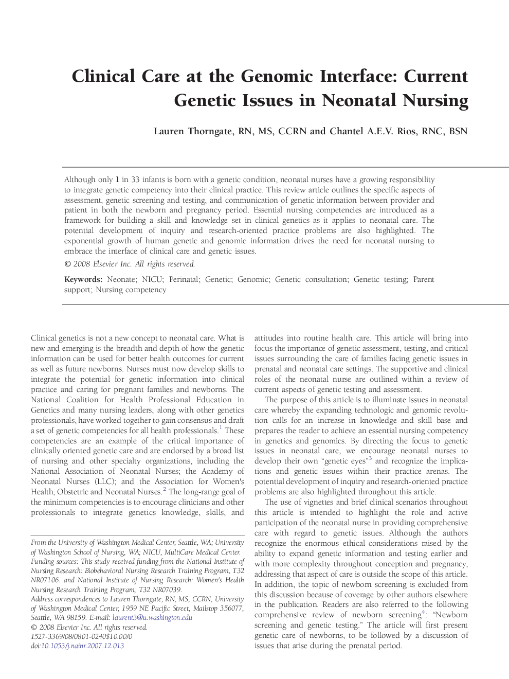 Clinical Care at the Genomic Interface: Current Genetic Issues in Neonatal Nursing 