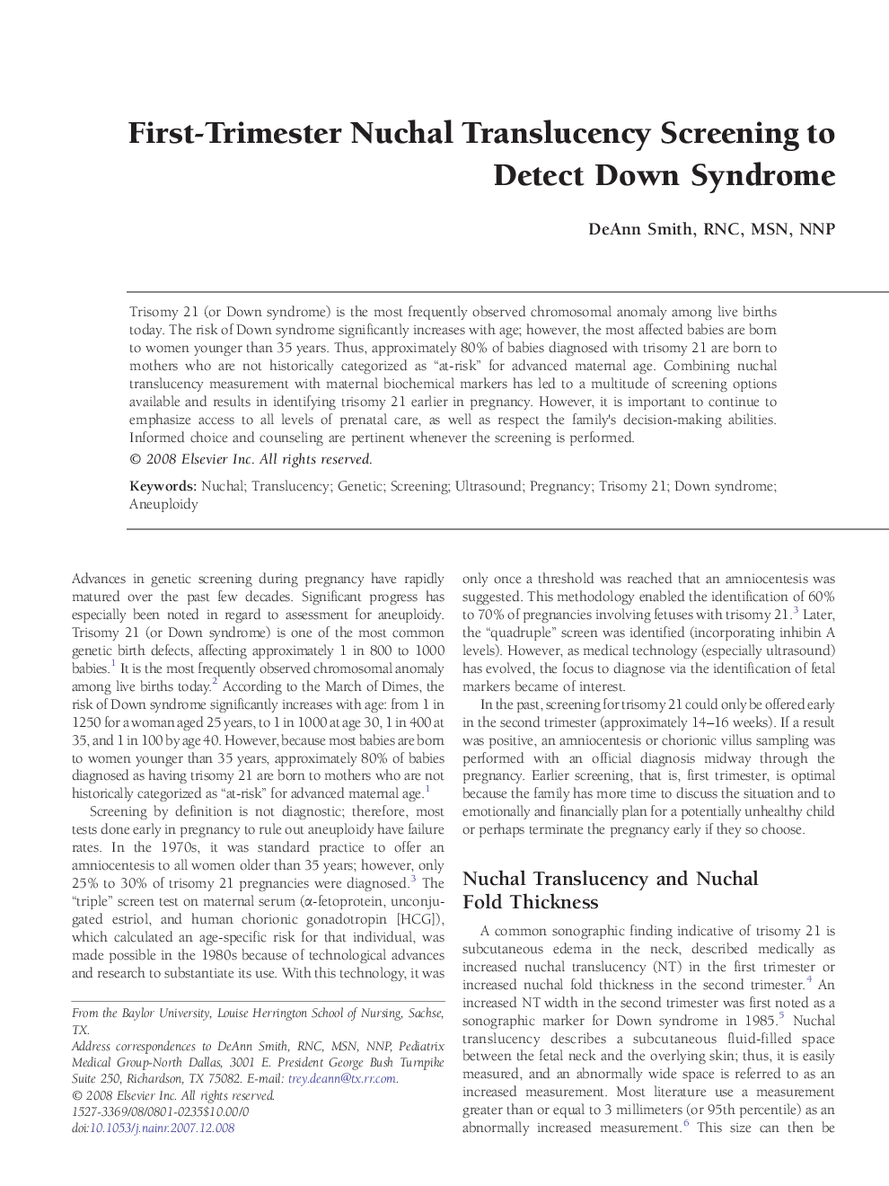 First-Trimester Nuchal Translucency Screening to Detect Down Syndrome