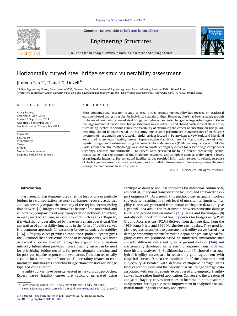 Horizontally curved steel bridge seismic vulnerability assessment