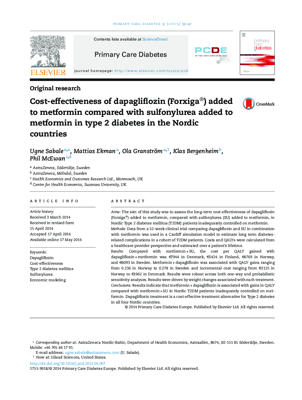 مقرون به صرفه بودن dapagliflozin (Forxiga®) اضافه شده به متفورمین در مقایسه با سولفونیل اوره اضافه شده به متفورمین در دیابت نوع 2 در کشورهای شمال اروپا