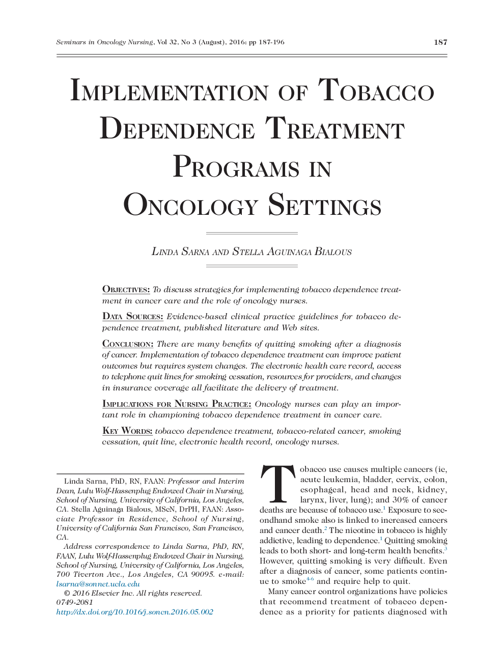 Implementation of Tobacco Dependence Treatment Programs in Oncology Settings