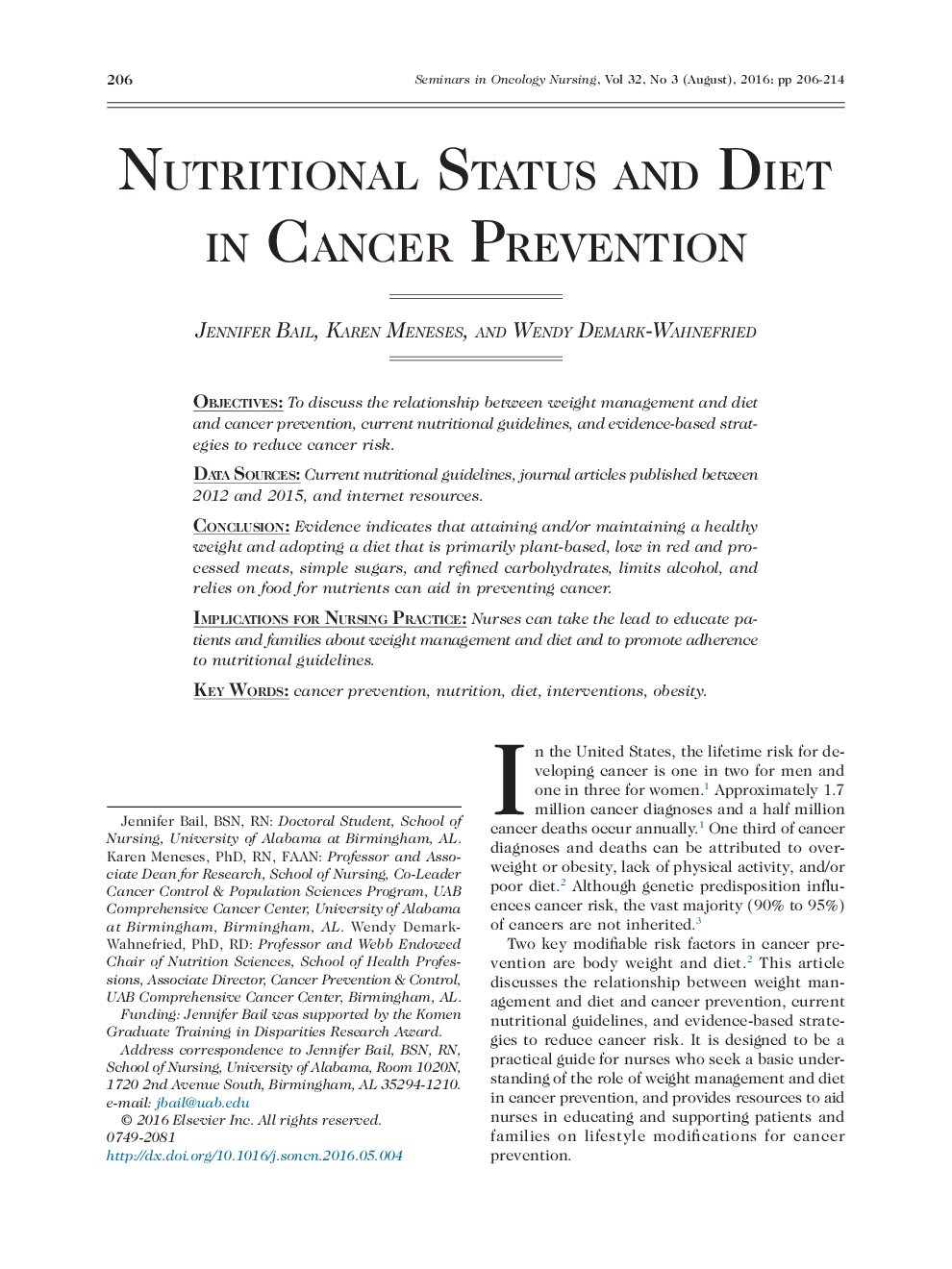 Nutritional Status and Diet in Cancer Prevention 