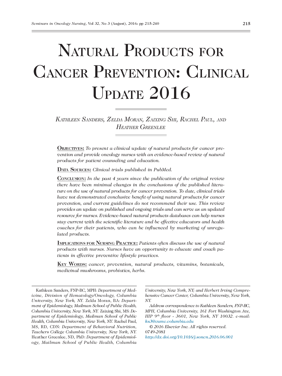 Natural Products for Cancer Prevention: Clinical Update 2016