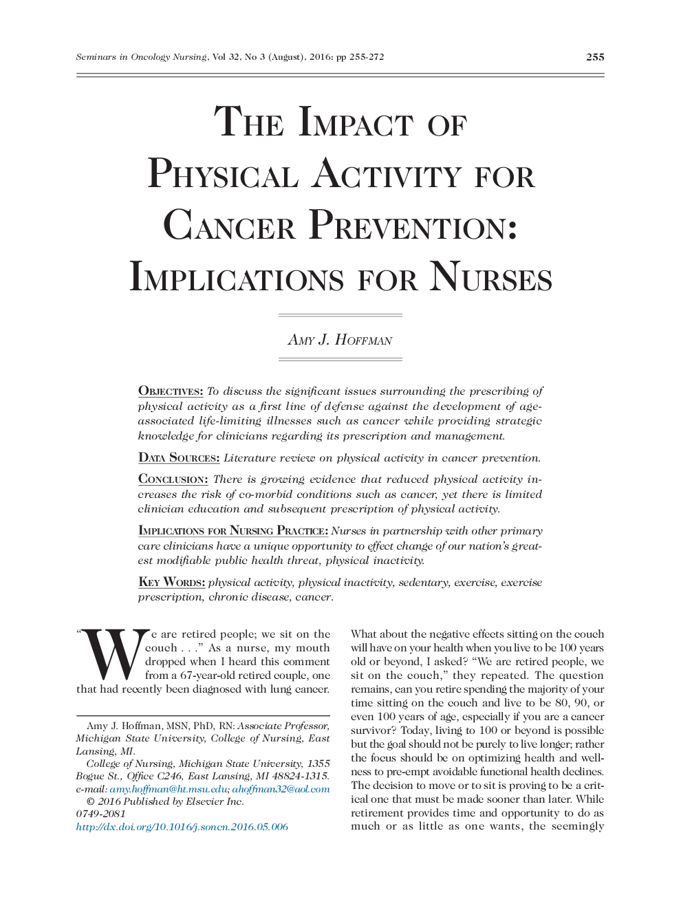 The Impact of Physical Activity for Cancer Prevention: Implications for Nurses