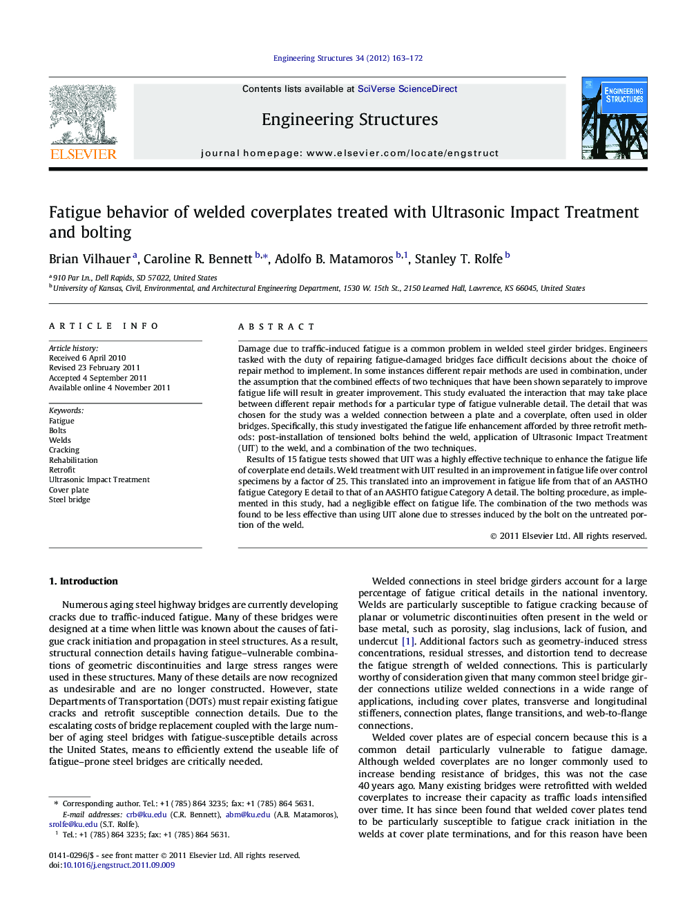 Fatigue behavior of welded coverplates treated with Ultrasonic Impact Treatment and bolting