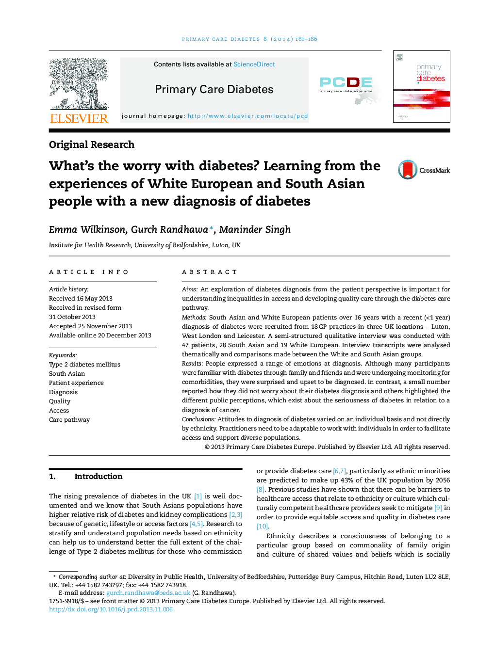 What's the worry with diabetes? Learning from the experiences of White European and South Asian people with a new diagnosis of diabetes