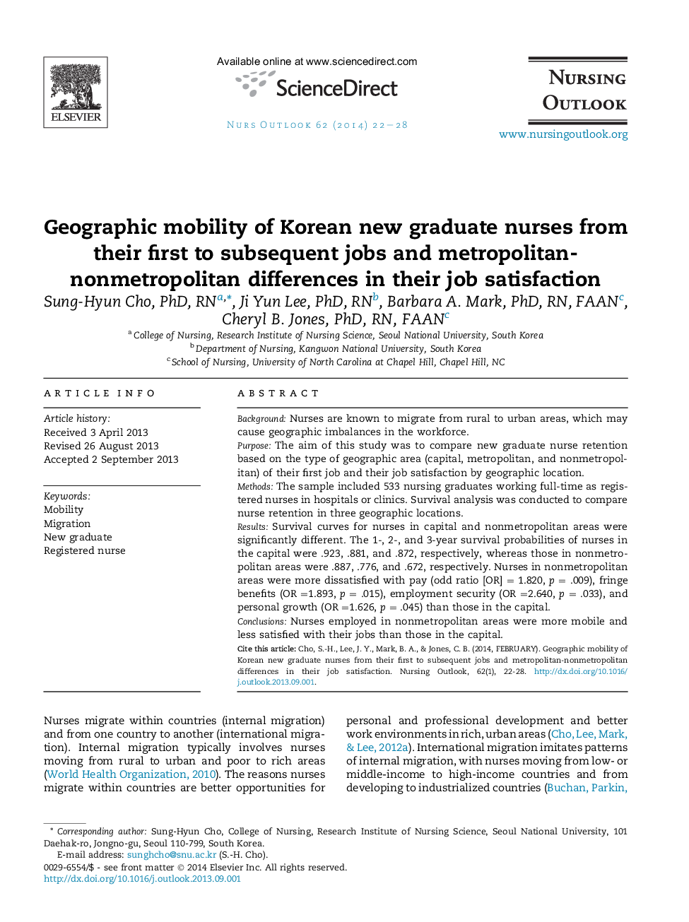 Geographic mobility of Korean new graduate nurses from their first to subsequent jobs and metropolitan-nonmetropolitan differences in their job satisfaction