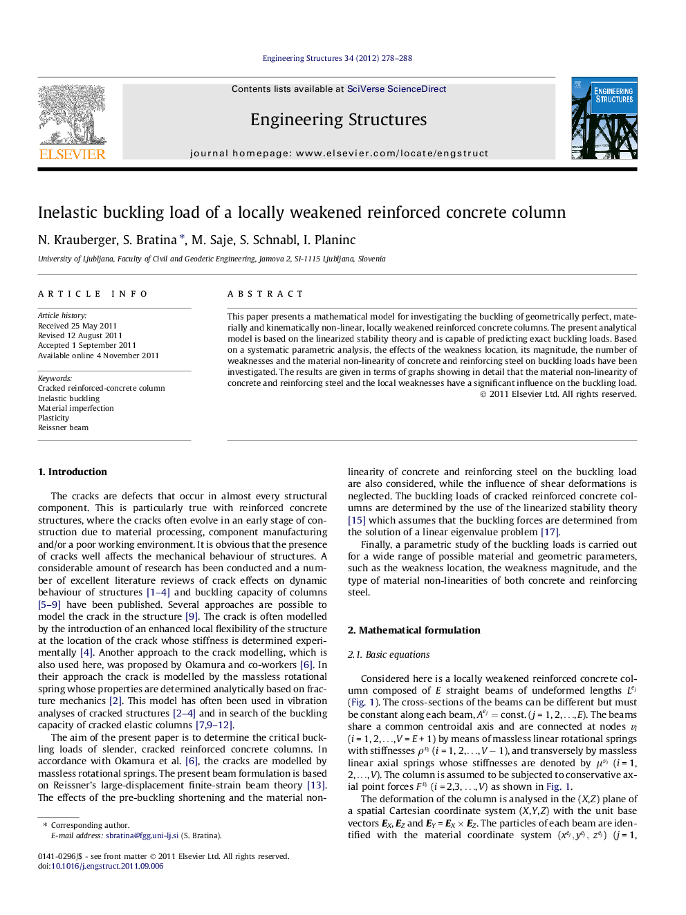 Inelastic buckling load of a locally weakened reinforced concrete column