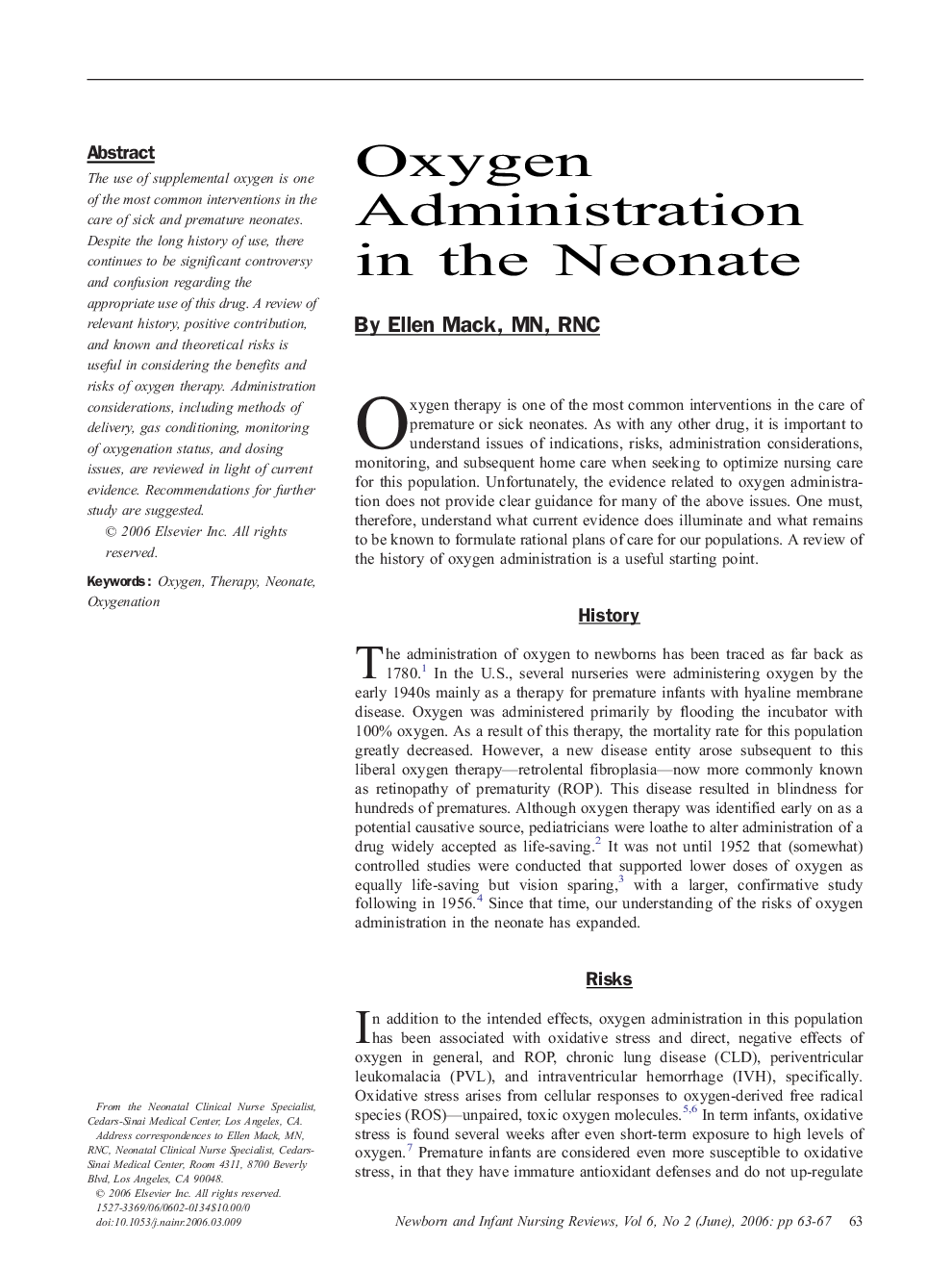 Oxygen Administration in the Neonate