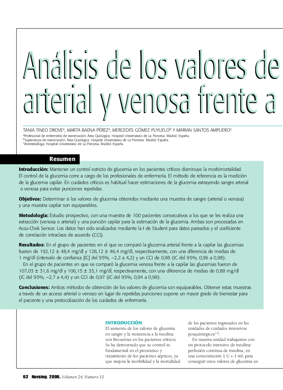 Análisis de los valores de glucemia en sangre arterial y venosa frente a sangre capilar