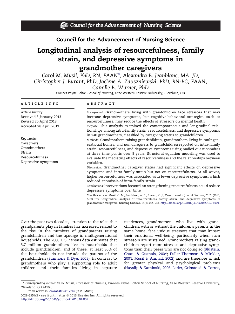 Longitudinal analysis of resourcefulness, family strain,Â and depressive symptoms in grandmotherÂ caregivers