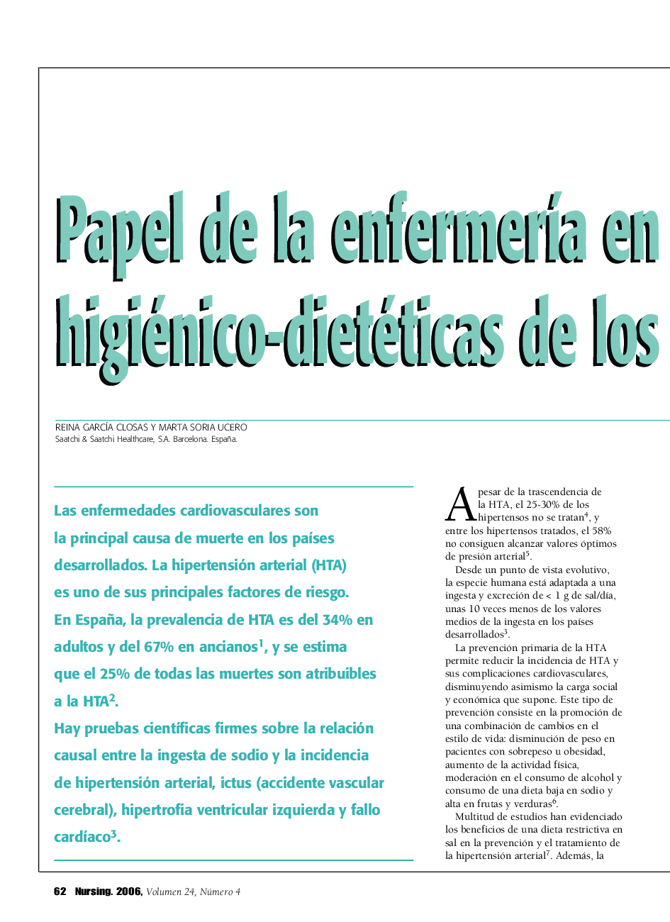 عکس صفحه اول مقاله: Papel de la enfermerÃa en las recomendaciones higiénico-dietéticas de los pacientes Papel de la enfermerÃa en las recomendaciones higiénico-dietéticas de los pacientes