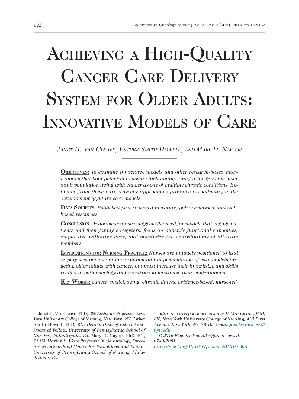 Achieving a High-Quality Cancer Care Delivery System for Older Adults: Innovative Models of Care