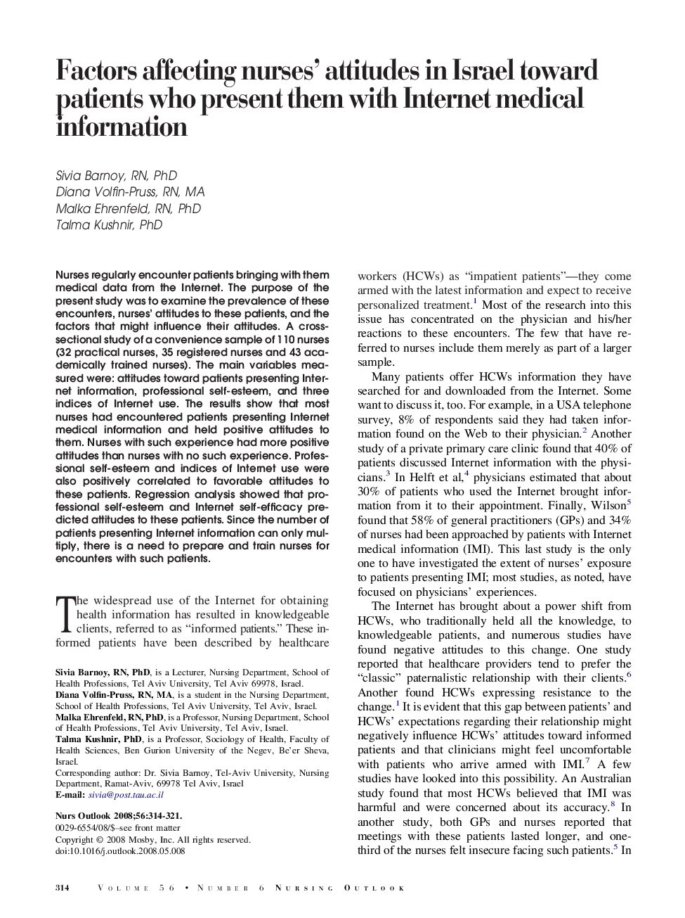 Factors affecting nurses' attitudes in Israel toward patients who present them with Internet medical information