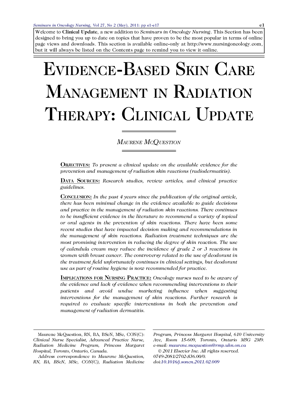 Evidence-Based Skin Care Management in Radiation Therapy: Clinical Update 