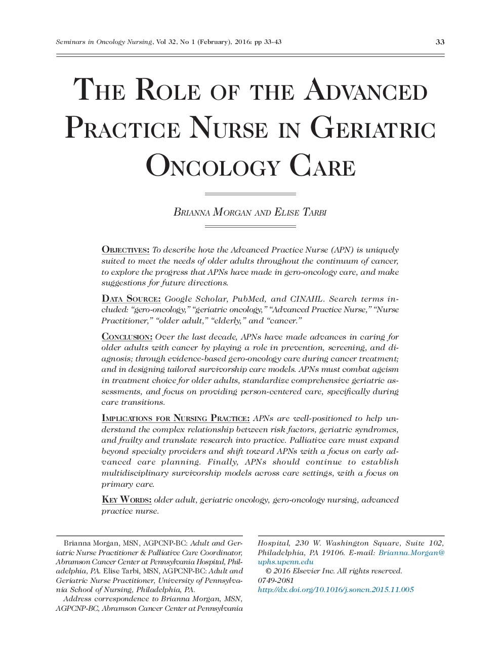 The Role of the Advanced Practice Nurse in Geriatric Oncology Care