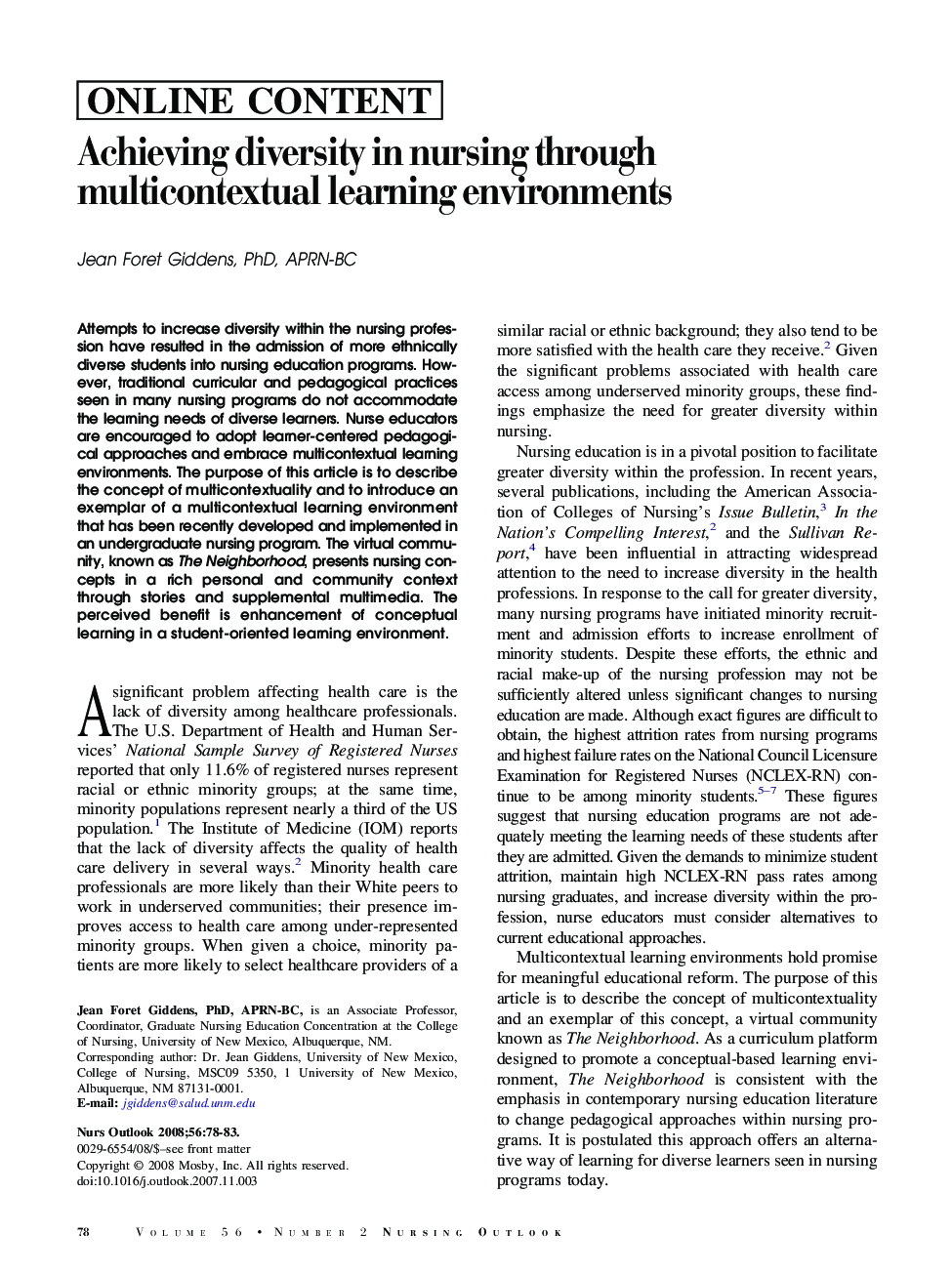 Achieving diversity in nursing through multicontextual learning environments