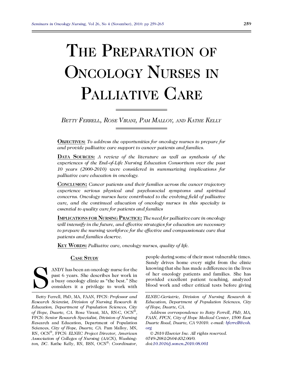 The Preparation of Oncology Nurses in Palliative Care