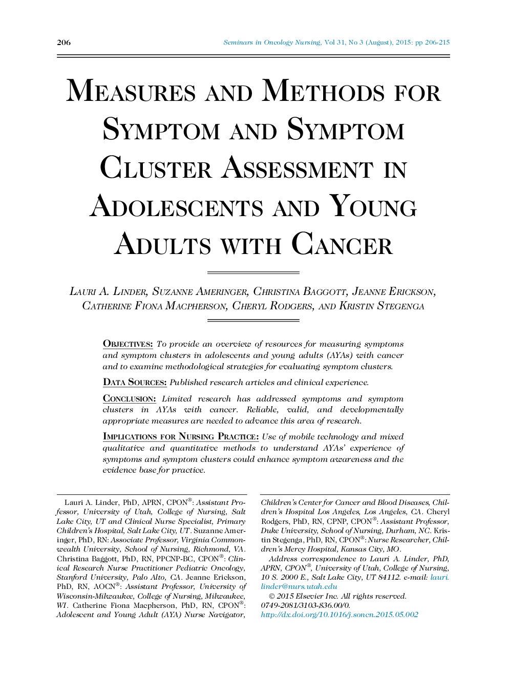 Measures and Methods for Symptom and Symptom Cluster Assessment in Adolescents and Young Adults with Cancer
