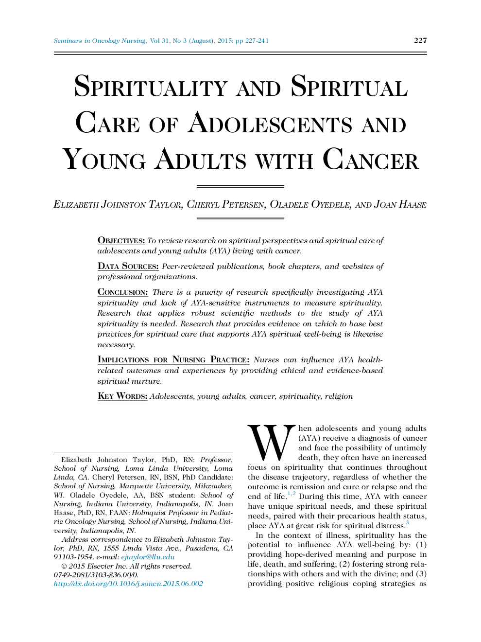 Spirituality and Spiritual Care of Adolescents and Young Adults with Cancer