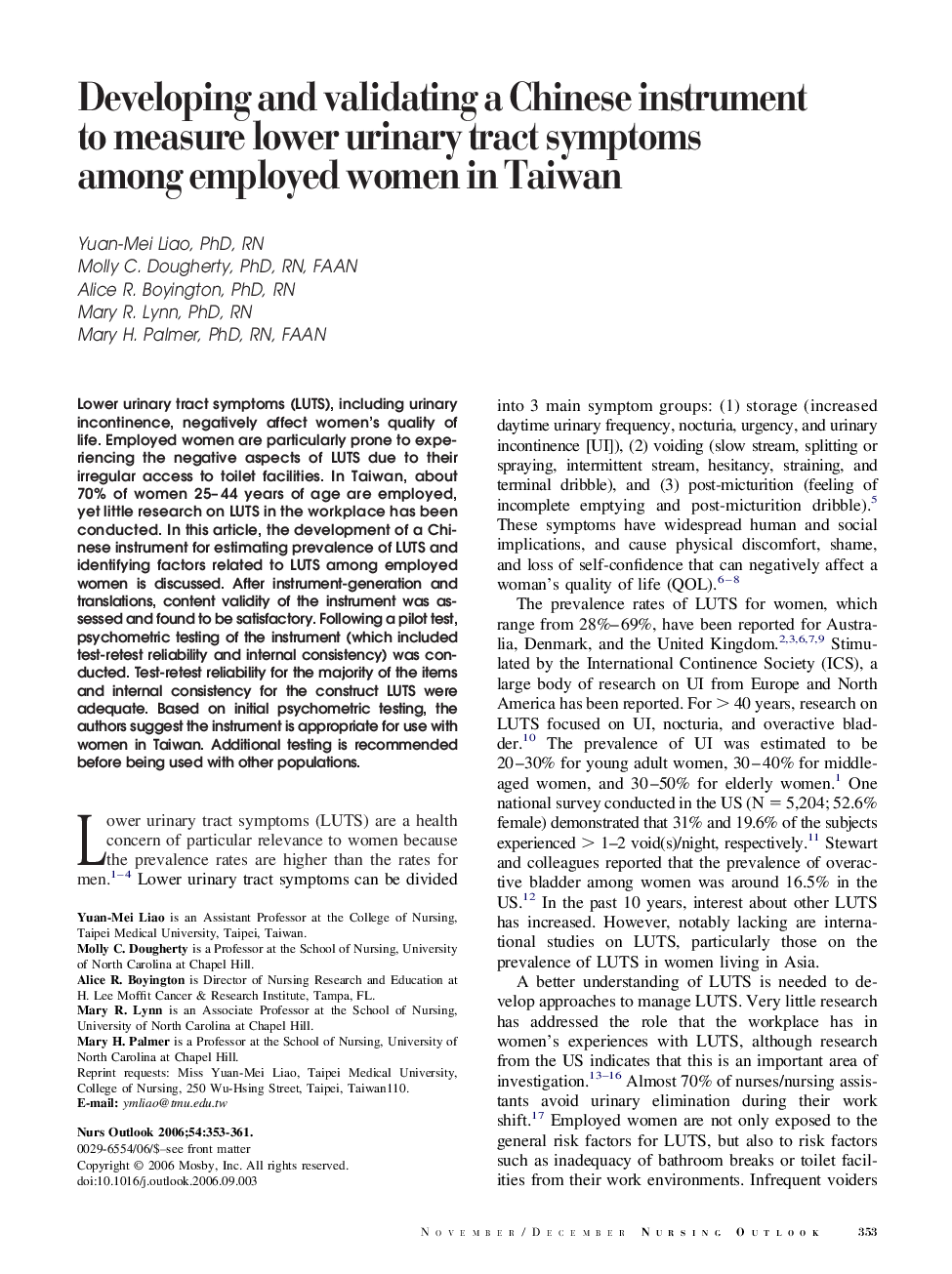 Developing and validating a Chinese instrument to measure lower urinary tract symptoms among employed women in Taiwan