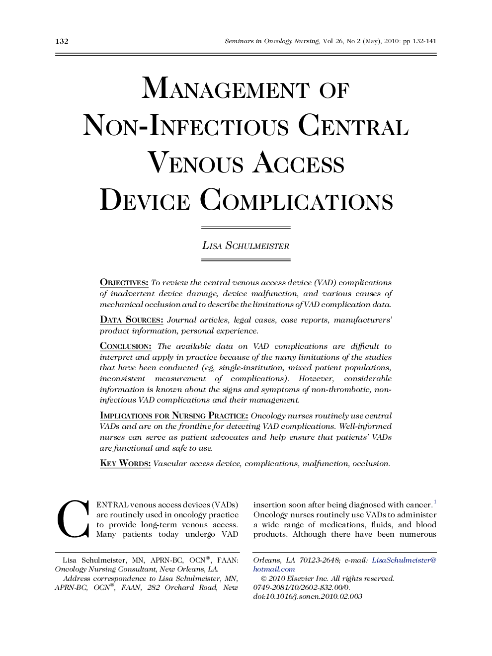 Management of Non-Infectious Central Venous Access Device Complications