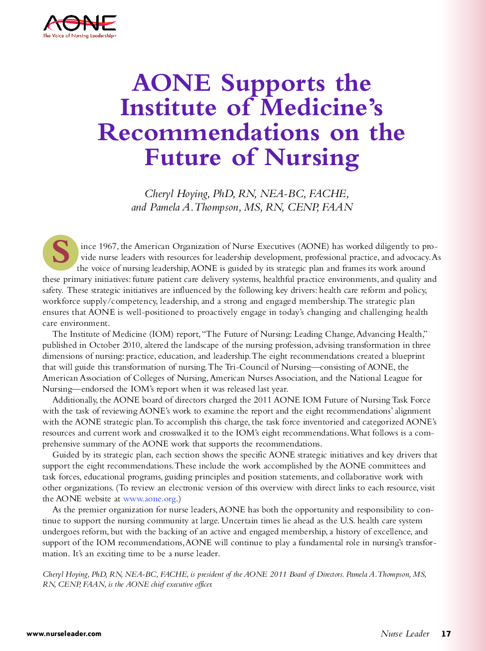 AONE Supports the Institute of Medicine's Recommendations on the Future of Nursing