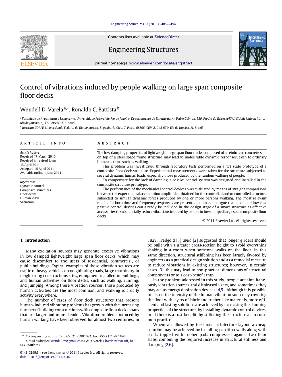 Control of vibrations induced by people walking on large span composite floor decks