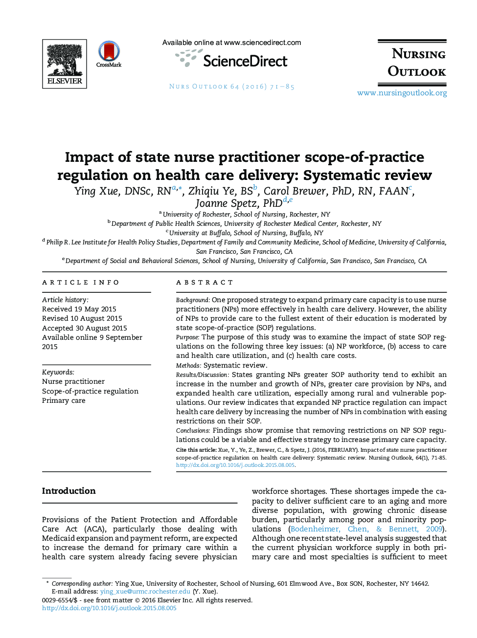 Impact of state nurse practitioner scope-of-practice regulation on health care delivery: Systematic review