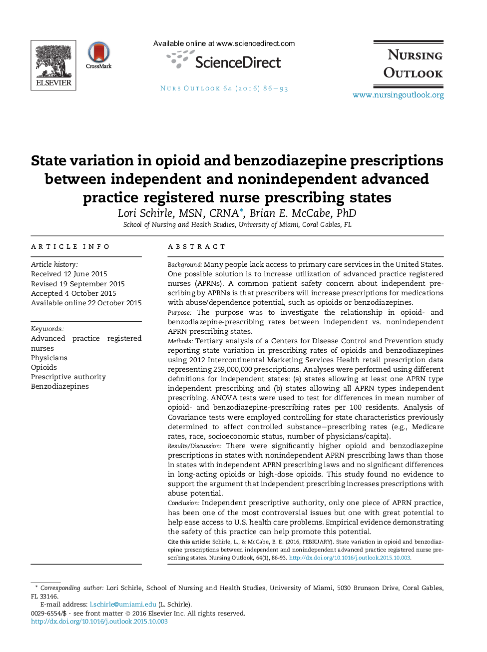 State variation in opioid and benzodiazepine prescriptions between independent and nonindependent advanced practice registered nurse prescribing states