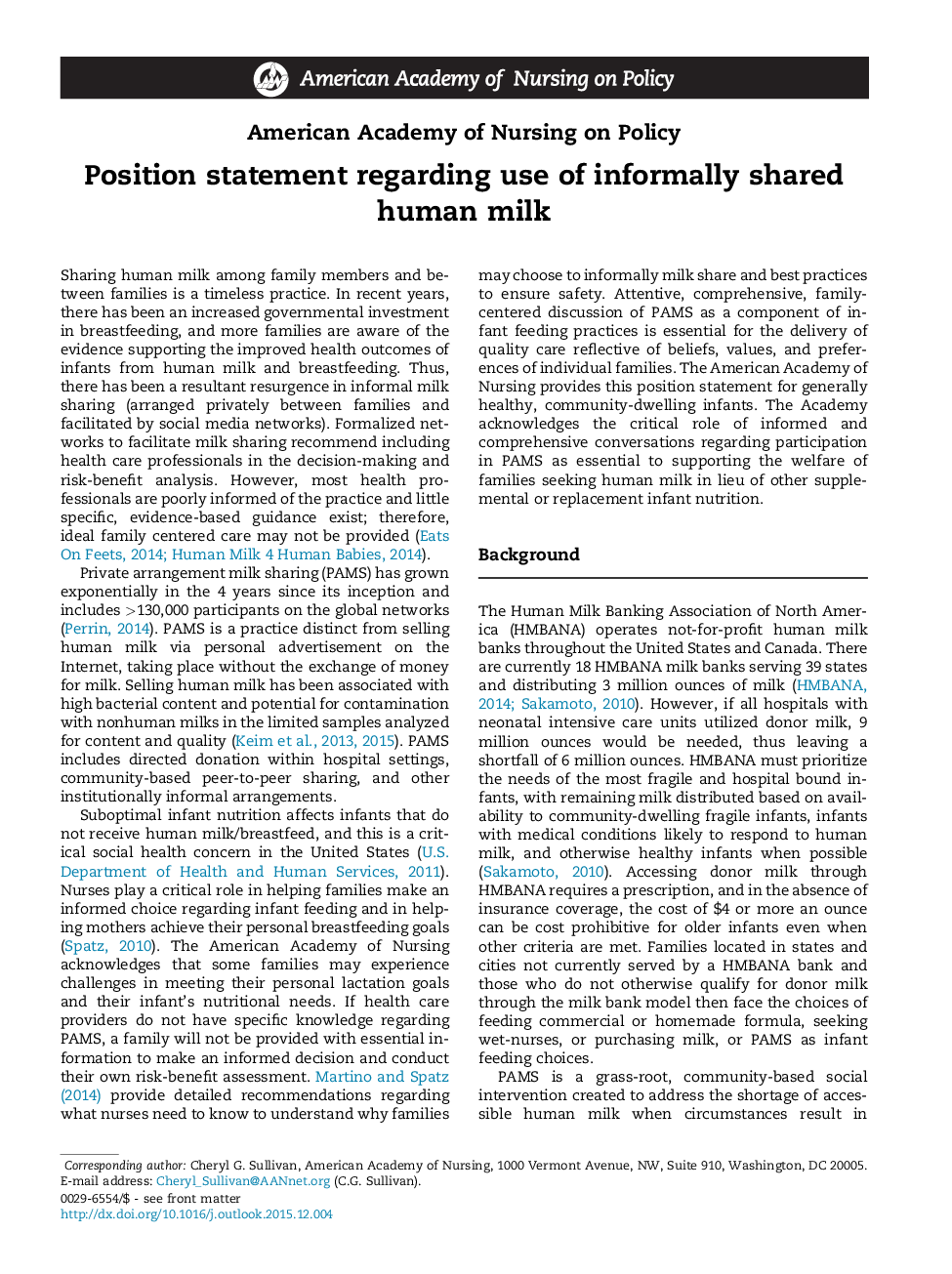 Position statement regarding use of informally shared human milk