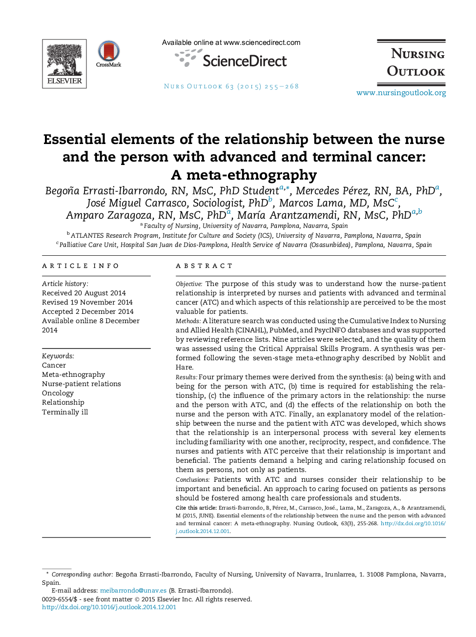 Essential elements of the relationship between the nurse and the person with advanced and terminal cancer: A meta-ethnography