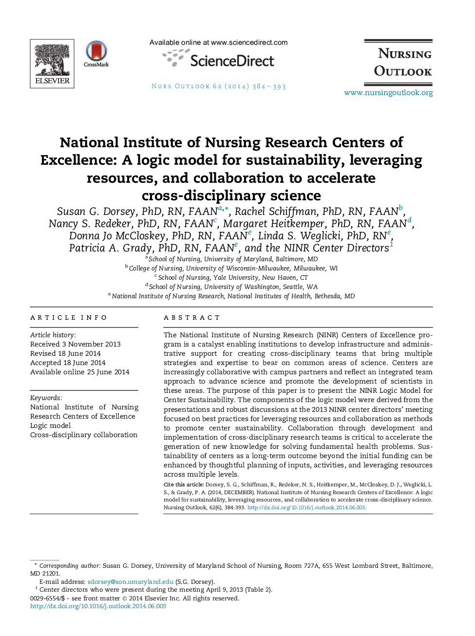 National Institute of Nursing Research Centers of Excellence: A logic model for sustainability, leveraging resources, and collaboration to accelerate cross-disciplinary science