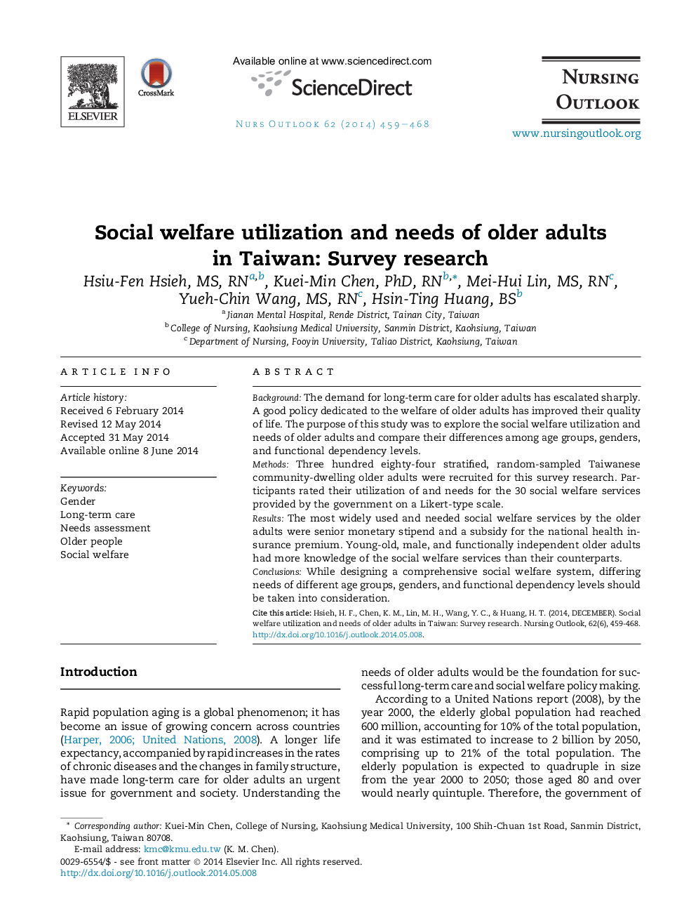 Social welfare utilization and needs of older adults in Taiwan: Survey research