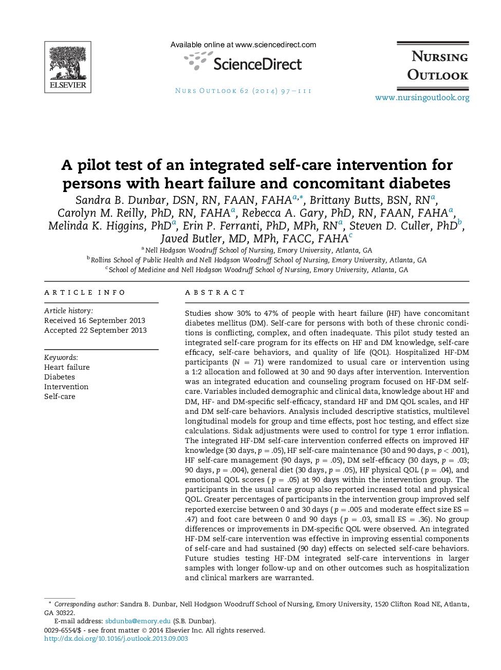 A pilot test of an integrated self-care intervention for persons with heart failure and concomitant diabetes